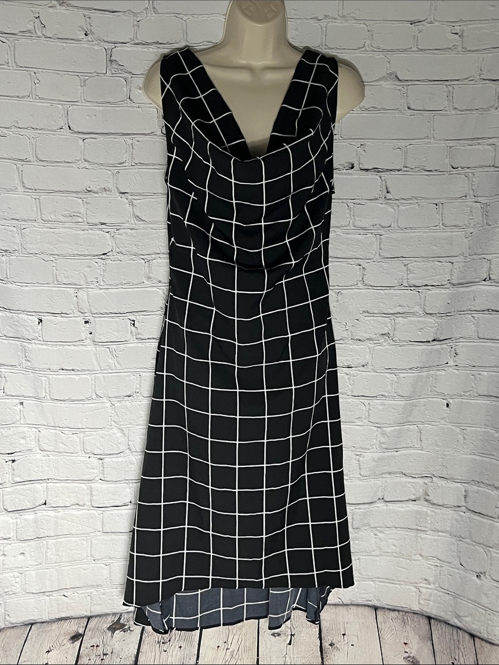 SHEIN Black and White Windowpane Cowl Neck Midi Dress